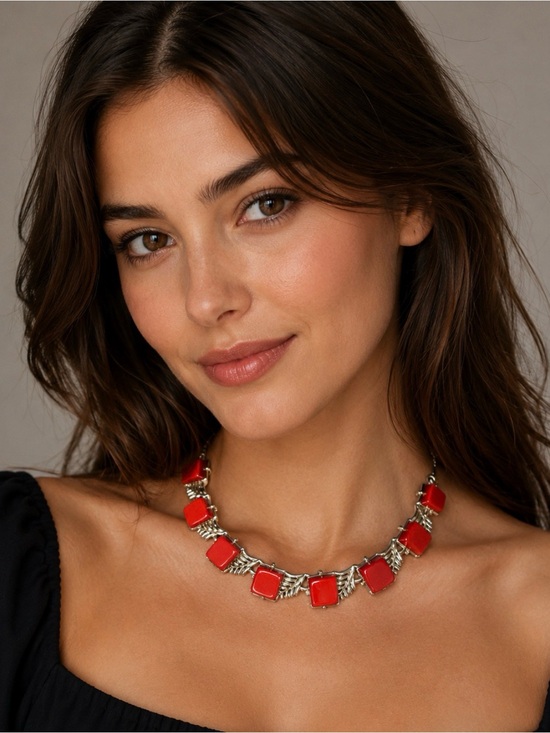 Coro Jewelry - Necklace Vintage Signed Coro, Red and Gold-tone Thermoset Choker